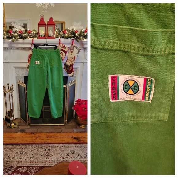 パンツ 90s cross colours wide color denim Cross Colours ColorBlock Red Green Black Hip Hop Hi Waist